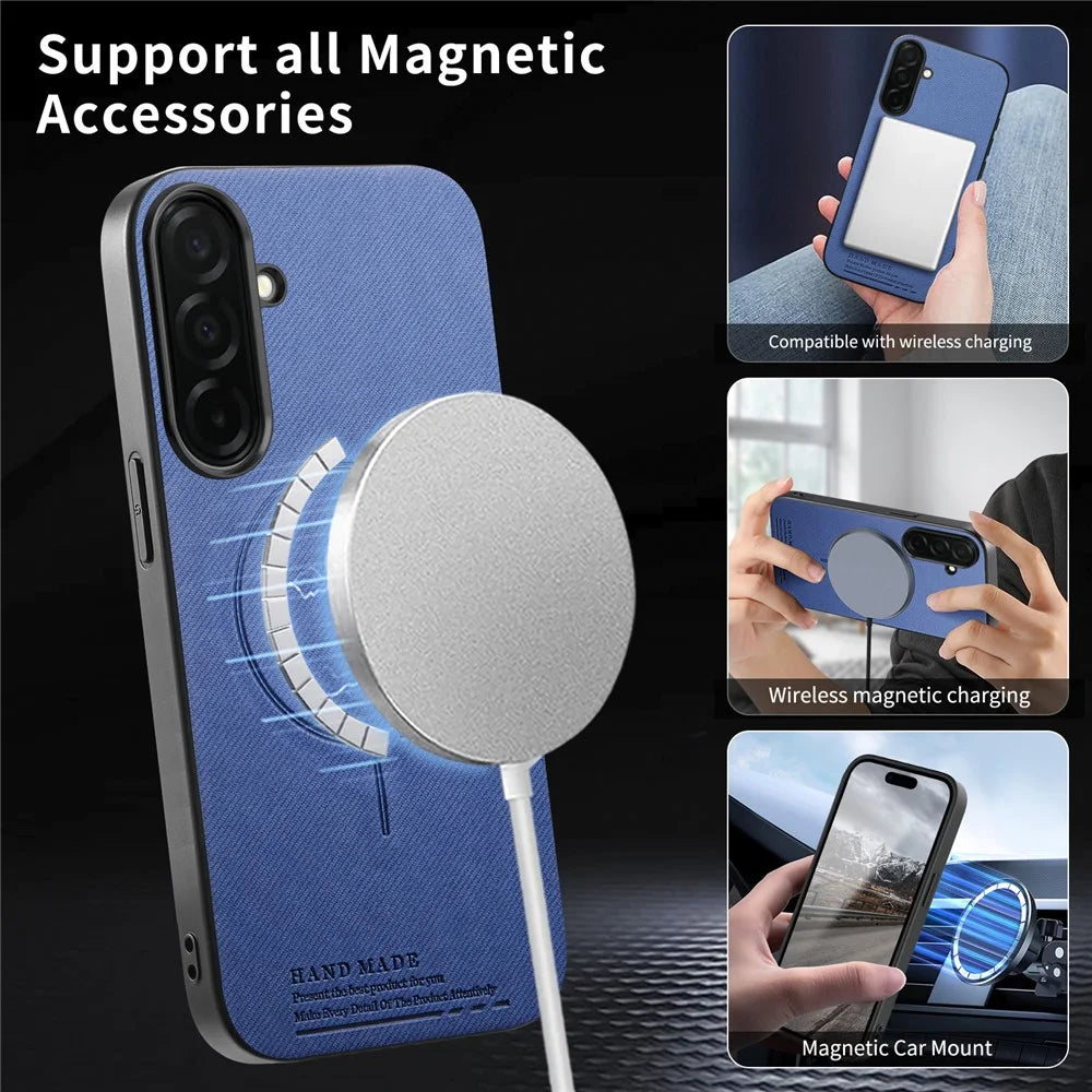 HAND MADE For Samsung Galaxy S25+ Case Fabric Texture Magnetic Shockproof Anti Fingerprint Strong Magnet MBC-04 - Blue - 4