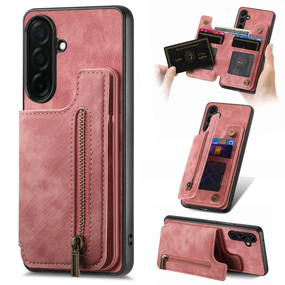 For Samsung Galaxy S26 Case with Zipper Card Holder Retro Leather TPU Phone Cover - Pink - 1