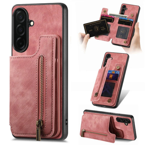 For Samsung Galaxy S26 Case with Zipper Card Holder Retro Leather TPU Phone Cover - Pink - 1