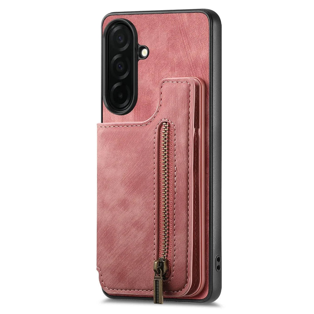 For Samsung Galaxy S26 Case with Zipper Card Holder Retro Leather TPU Phone Cover - Pink - 2