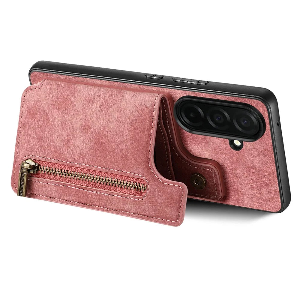 For Samsung Galaxy S26 Case with Zipper Card Holder Retro Leather TPU Phone Cover - Pink - 3