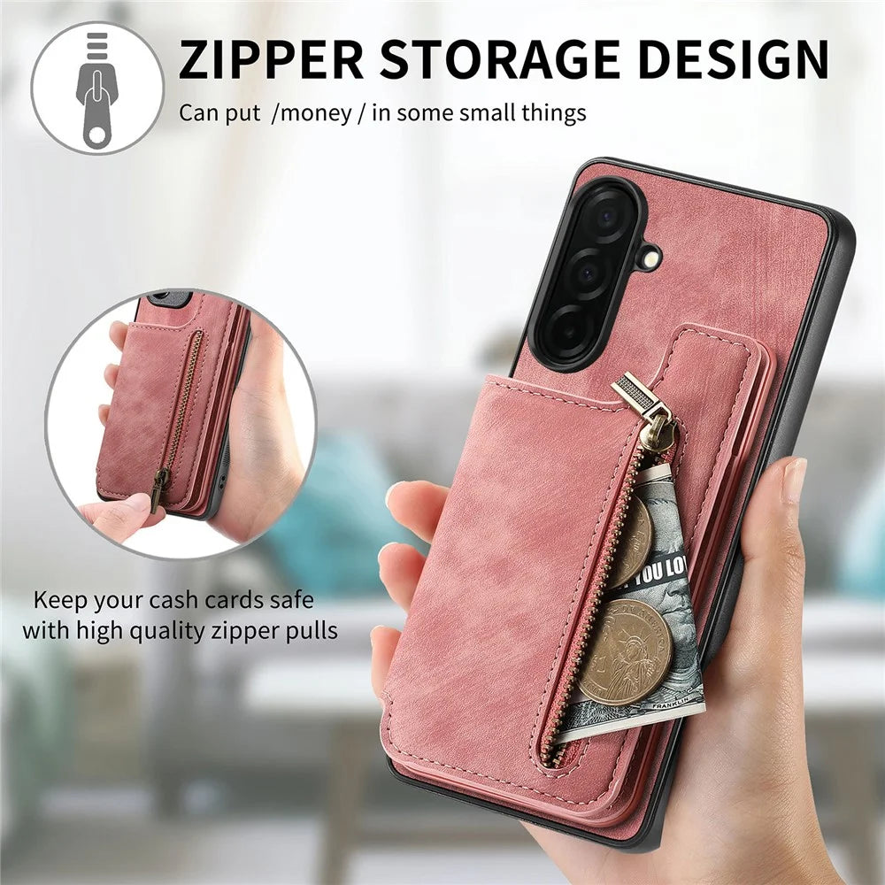 For Samsung Galaxy S26 Case with Zipper Card Holder Retro Leather TPU Phone Cover - Pink - 5