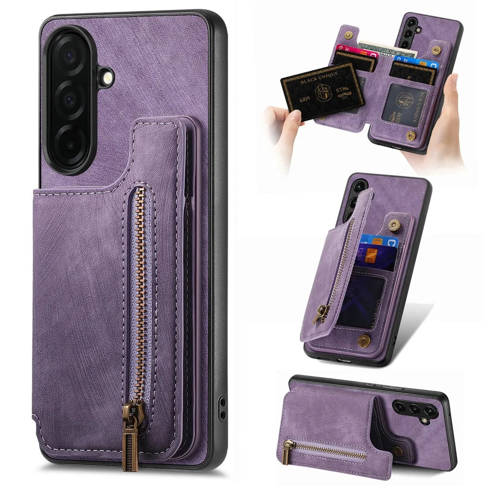 For Samsung Galaxy S26+ Case with Zipper Card Holder Retro Leather TPU Phone Cover - Purple - 1