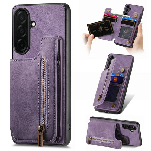 For Samsung Galaxy S26+ Case with Zipper Card Holder Retro Leather TPU Phone Cover - Purple - 1