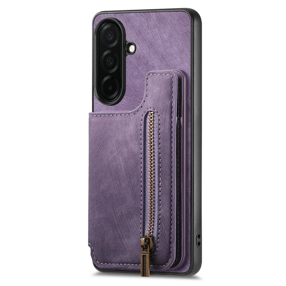 For Samsung Galaxy S26+ Case with Zipper Card Holder Retro Leather TPU Phone Cover - Purple - 2