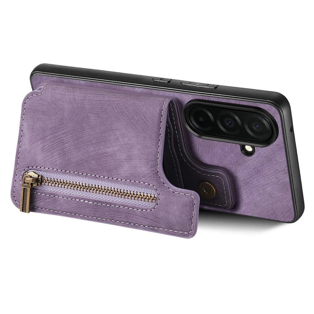 For Samsung Galaxy S26+ Case with Zipper Card Holder Retro Leather TPU Phone Cover - Purple - 3