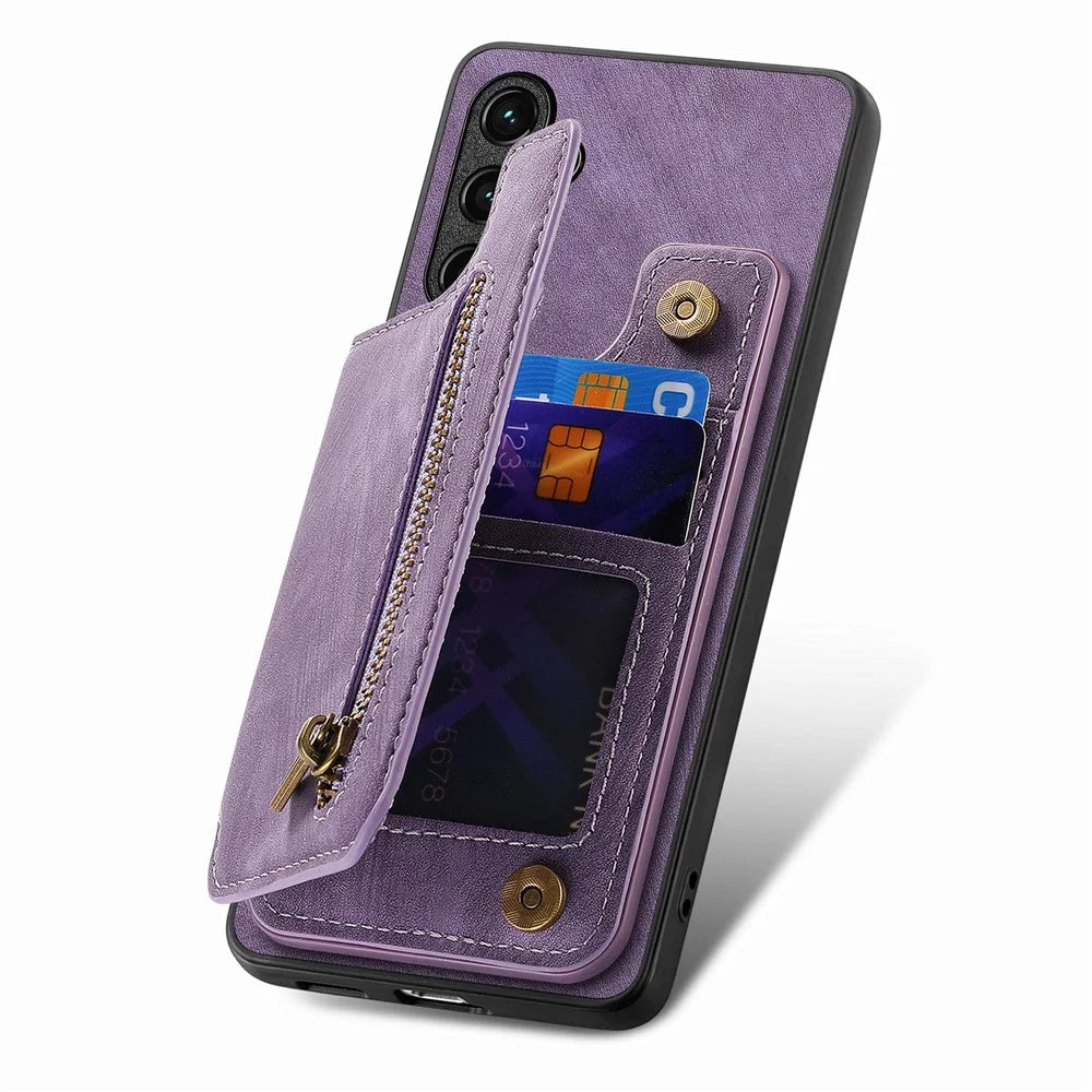 For Samsung Galaxy S26+ Case with Zipper Card Holder Retro Leather TPU Phone Cover - Purple - 4