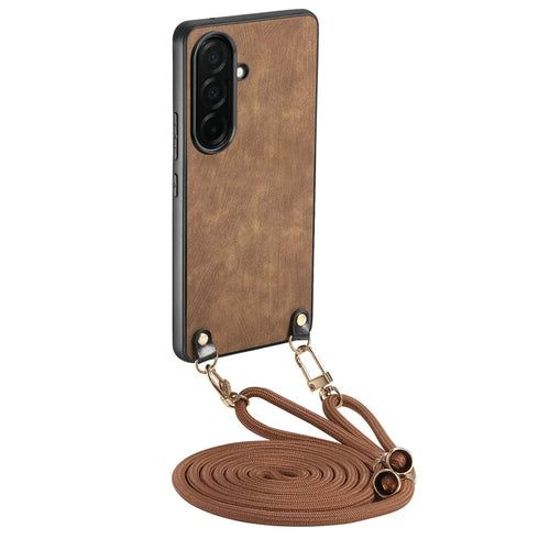 For Samsung Galaxy S26 Retro Leather Phone Back Cover with Adjustable Strap - Brown - 1