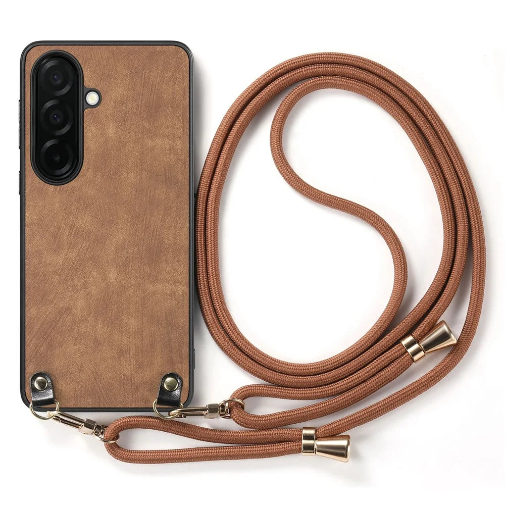 For Samsung Galaxy S26 Retro Leather Phone Back Cover with Adjustable Strap - Brown - 2