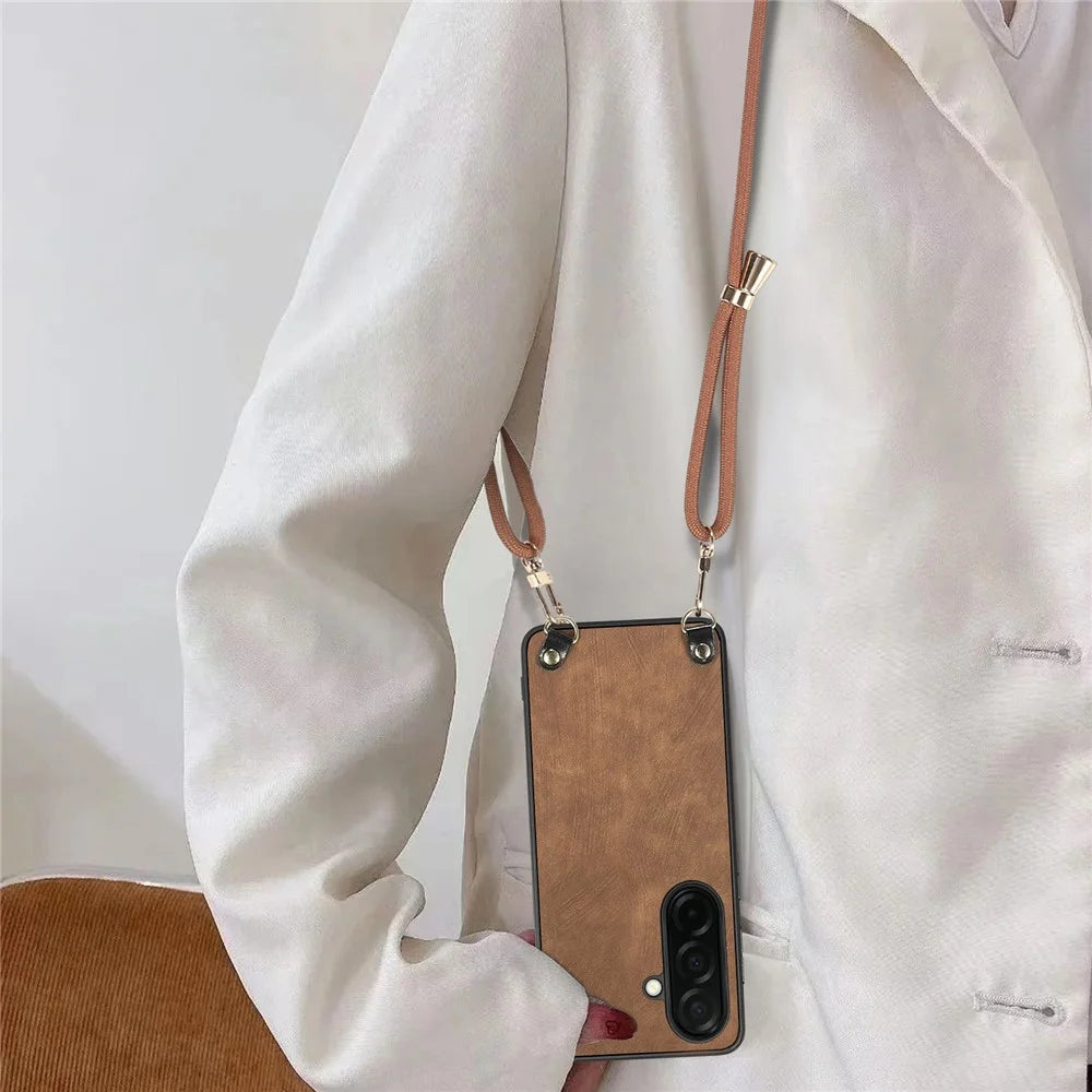 For Samsung Galaxy S26 Retro Leather Phone Back Cover with Adjustable Strap - Brown - 4
