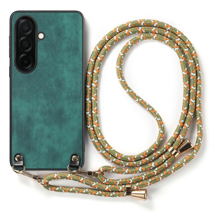 For Samsung Galaxy S26+ Retro Leather Phone Back Cover with Adjustable Strap - Green - 2