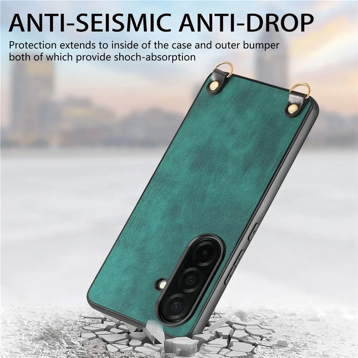 For Samsung Galaxy S26+ Retro Leather Phone Back Cover with Adjustable Strap - Green - 4