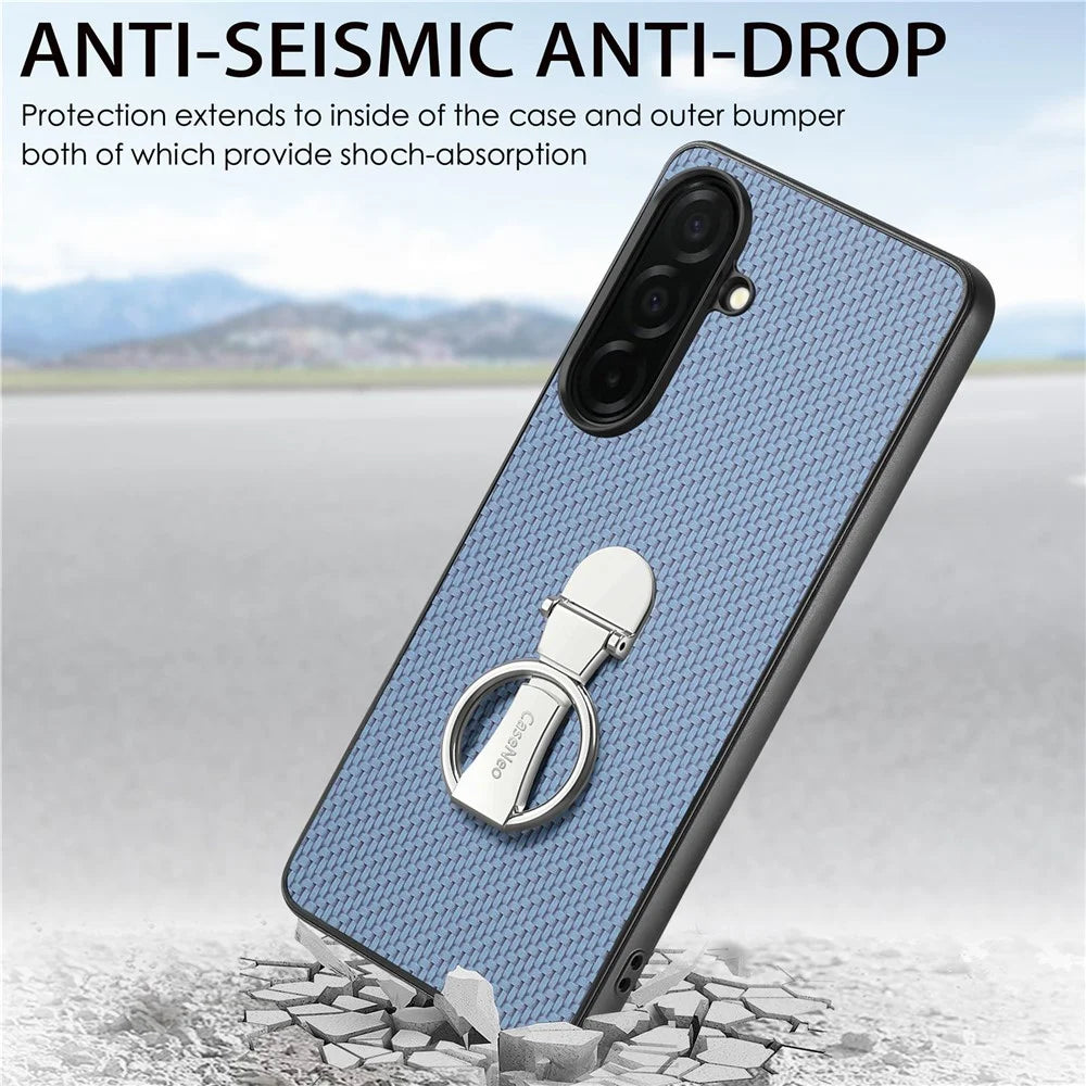 CASENEO C1-19 for Samsung Galaxy S26 Case Folding Kickstand Leather Back Cover Carbon Fiber Texture - Blue - 4