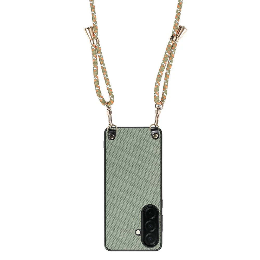For Samsung Galaxy S26+ Case Carbon Fiber Texture Hybrid Phone Back Cover with Adjustable Strap - Green - 3