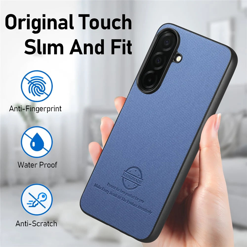 For Samsung Galaxy S26 Case Leather Phone Back Cover with Cloth Texture - Blue - 7