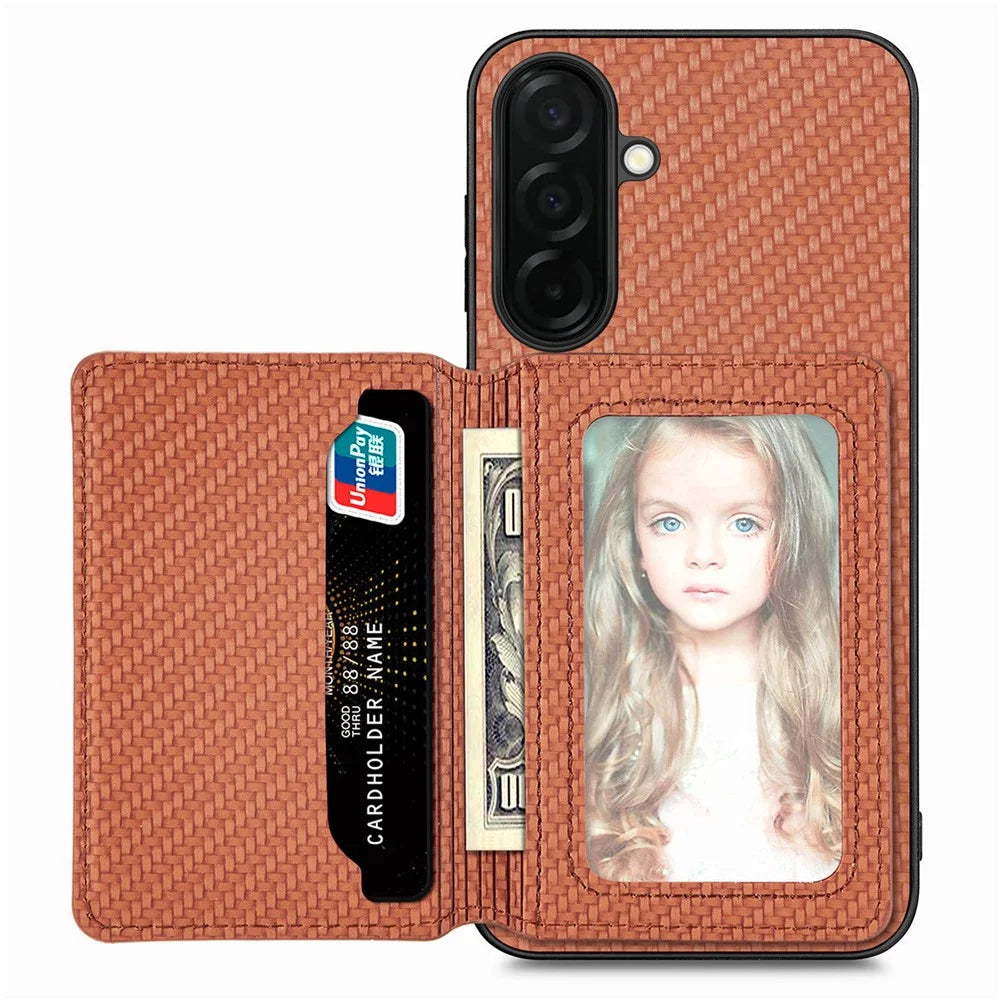 For Samsung Galaxy S26+ Case RFID Blocking Carbon Fiber Leather Phone Back Cover with Card Holder - Brown - 2