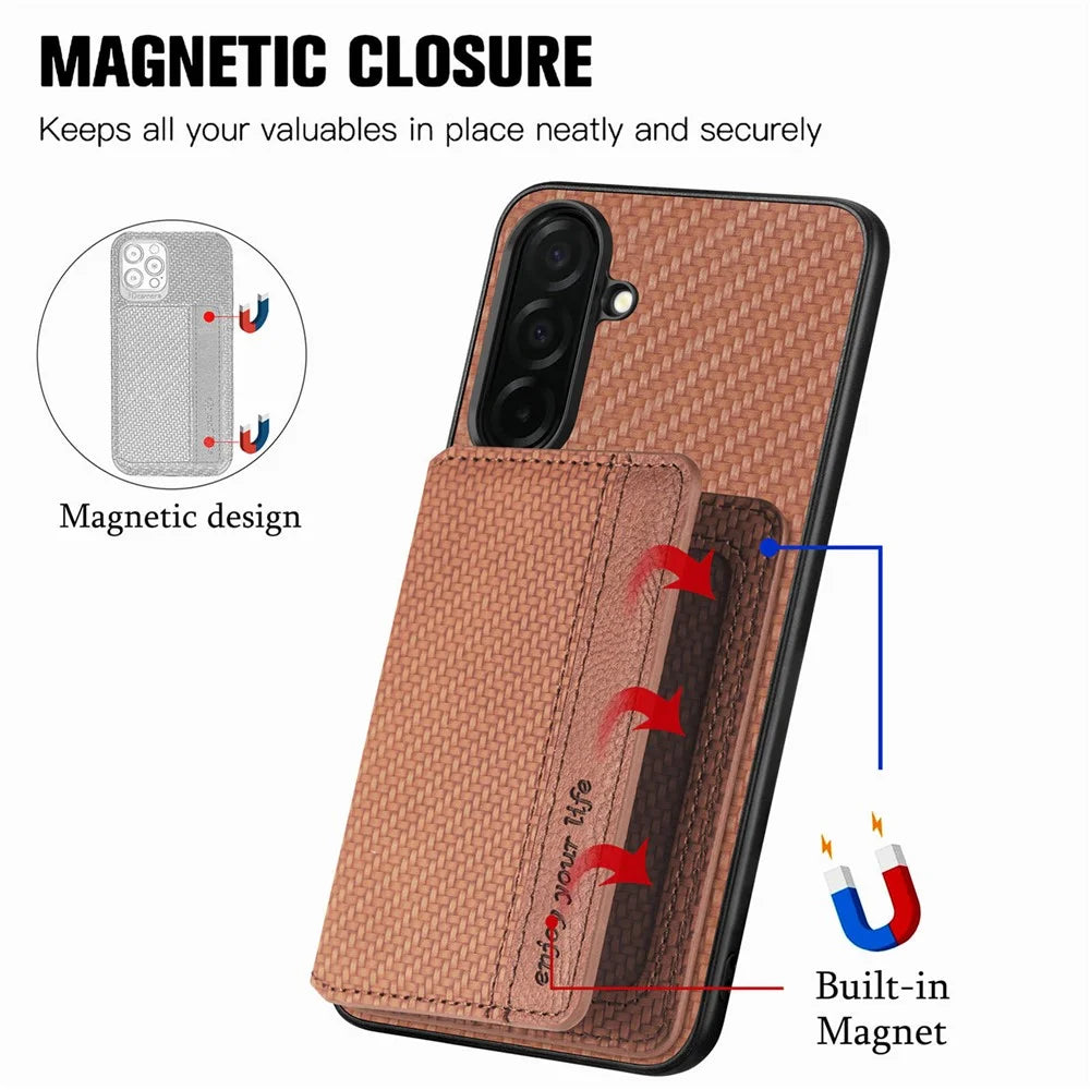 For Samsung Galaxy S26+ Case RFID Blocking Carbon Fiber Leather Phone Back Cover with Card Holder - Brown - 3