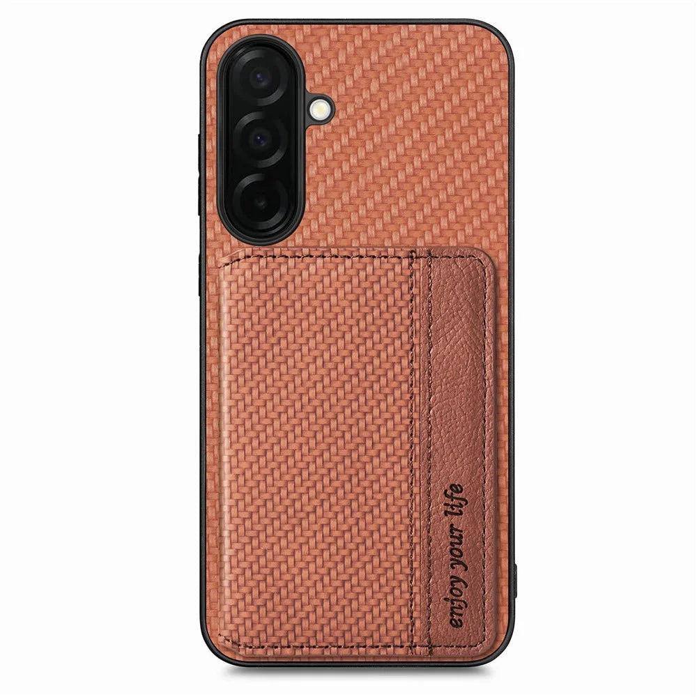For Samsung Galaxy S26 Case RFID Blocking Carbon Fiber Leather Phone Back Cover with Card Holder - Brown - 1