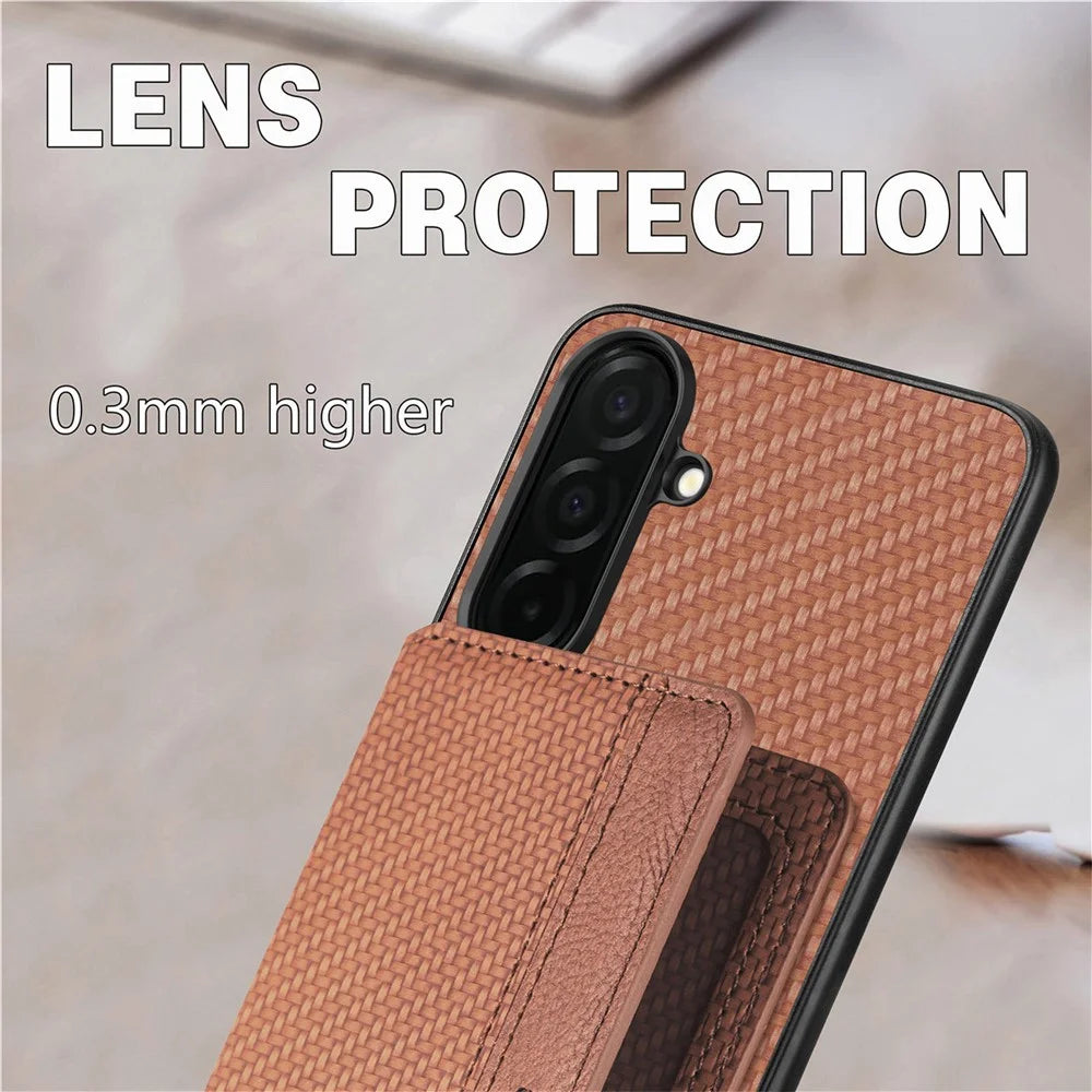 For Samsung Galaxy S26 Case RFID Blocking Carbon Fiber Leather Phone Back Cover with Card Holder - Brown - 4