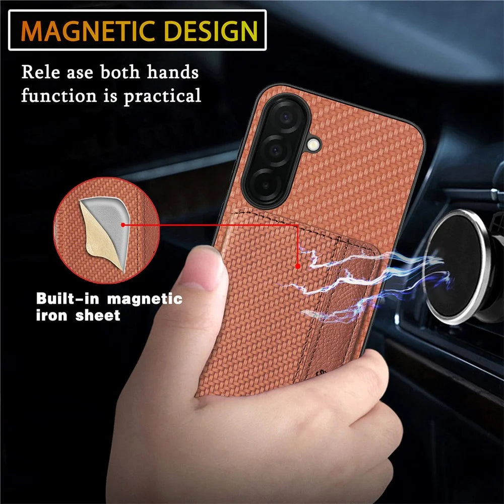 For Samsung Galaxy S26 Case RFID Blocking Carbon Fiber Leather Phone Back Cover with Card Holder - Brown - 5