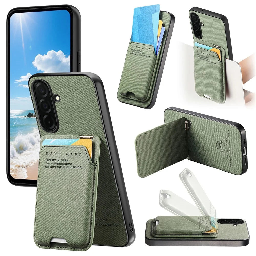 For Samsung Galaxy S26+ Case Cloth Texture Leather + PC + TPU Phone Cover with Card Holder Kickstand - Green - 1