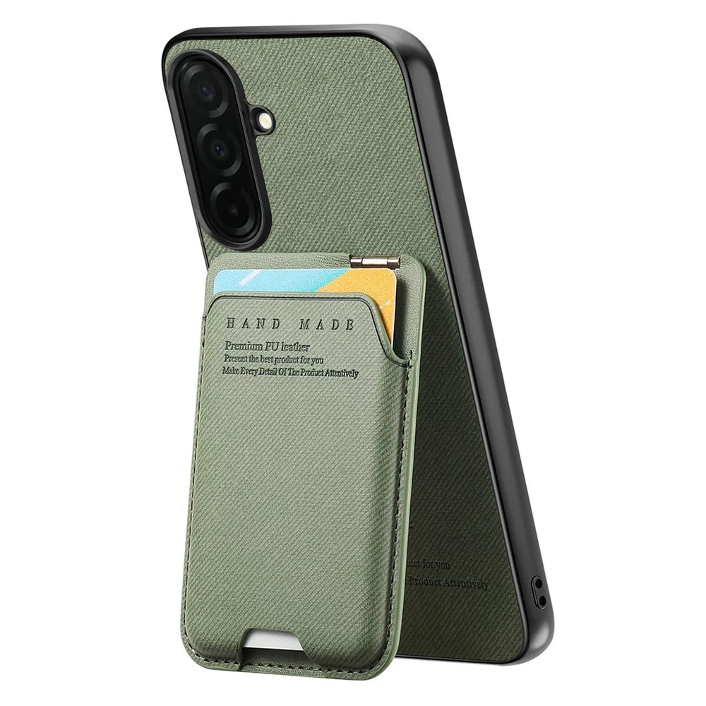 For Samsung Galaxy S26+ Case Cloth Texture Leather + PC + TPU Phone Cover with Card Holder Kickstand - Green - 2