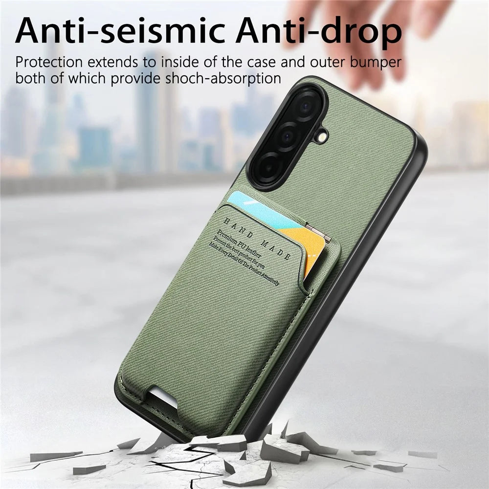 For Samsung Galaxy S26+ Case Cloth Texture Leather + PC + TPU Phone Cover with Card Holder Kickstand - Green - 7