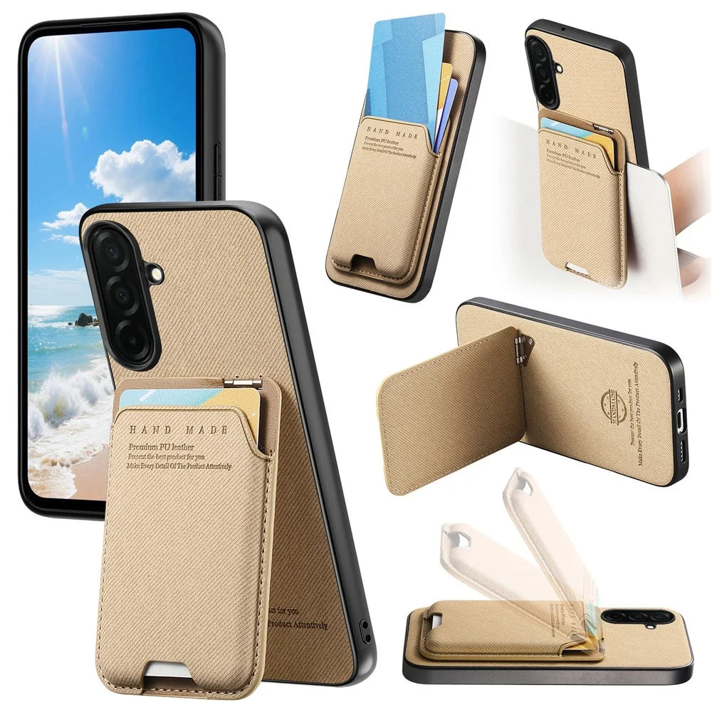 For Samsung Galaxy S26 Case Cloth Texture Leather + PC + TPU Phone Cover with Card Holder Kickstand - Khaki - 1