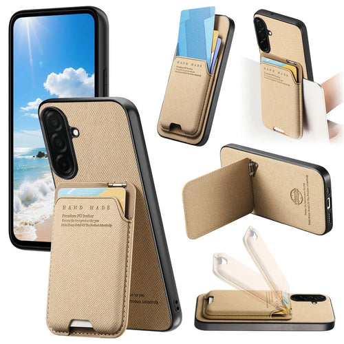 For Samsung Galaxy S26 Case Cloth Texture Leather + PC + TPU Phone Cover with Card Holder Kickstand - Khaki - 1