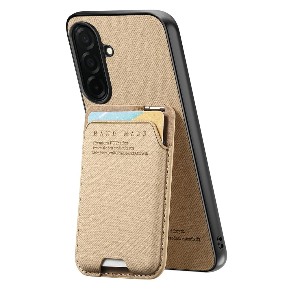 For Samsung Galaxy S26 Case Cloth Texture Leather + PC + TPU Phone Cover with Card Holder Kickstand - Khaki - 2