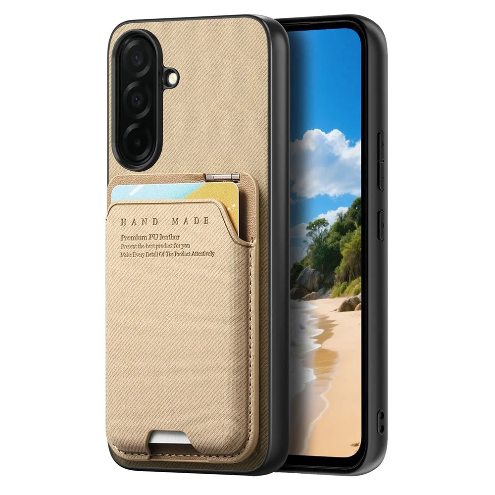 For Samsung Galaxy S26 Case Cloth Texture Leather + PC + TPU Phone Cover with Card Holder Kickstand - Khaki - 3