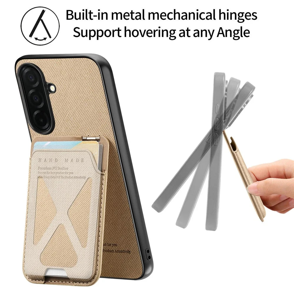 For Samsung Galaxy S26 Case Cloth Texture Leather + PC + TPU Phone Cover with Card Holder Kickstand - Khaki - 4