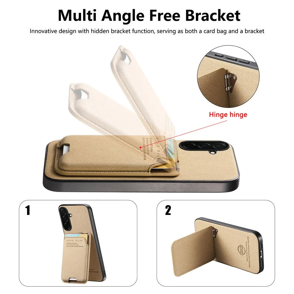 For Samsung Galaxy S26 Case Cloth Texture Leather + PC + TPU Phone Cover with Card Holder Kickstand - Khaki - 5