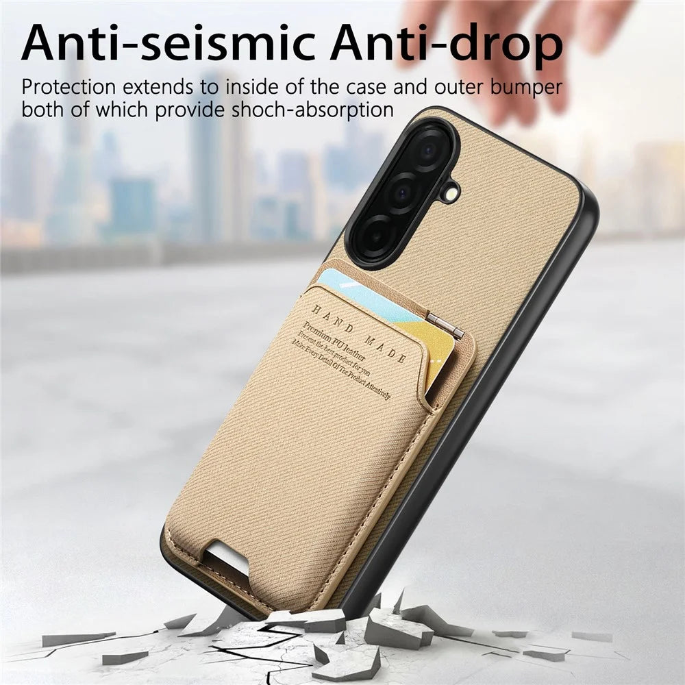 For Samsung Galaxy S26 Case Cloth Texture Leather + PC + TPU Phone Cover with Card Holder Kickstand - Khaki - 7