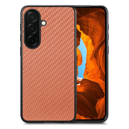 For Samsung Galaxy S26 Case Carbon Fiber Texture PU Leather + PC + TPU Phone Cover - Brown - 1
