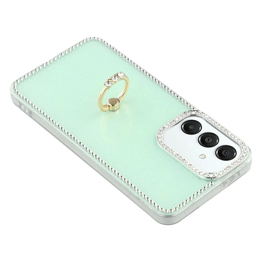 For Samsung Galaxy A37 5G Case with Ring Kickstand Rhinestone Edge TPU + PC IMD Phone Cover - Glitter Light Green - 3