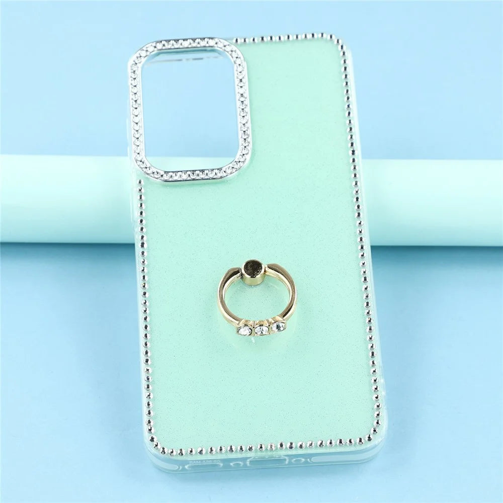 For Samsung Galaxy A37 5G Case with Ring Kickstand Rhinestone Edge TPU + PC IMD Phone Cover - Glitter Light Green - 4