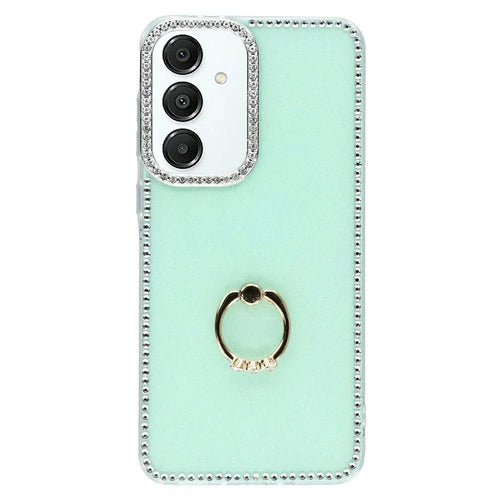 For Samsung Galaxy A57 5G Case with Ring Kickstand Rhinestone Edge TPU + PC IMD Phone Cover - Glitter Light Green - 1
