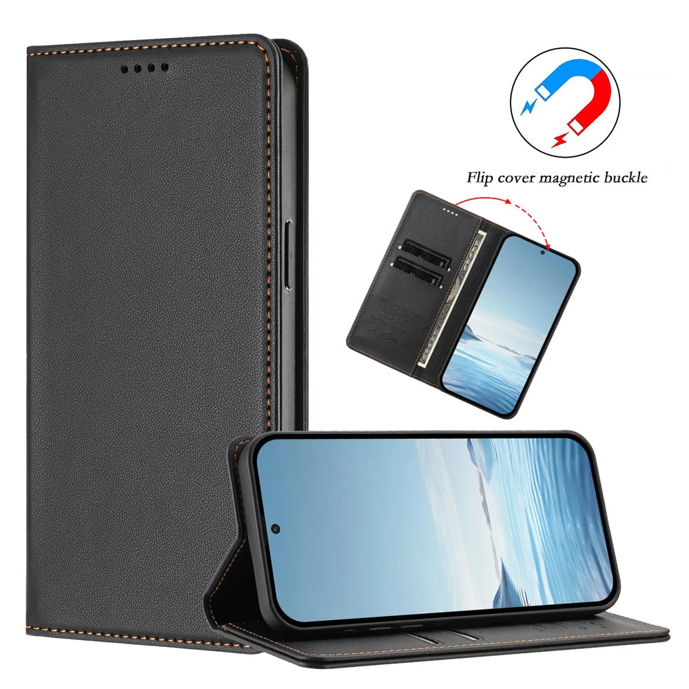 For Samsung Galaxy S25 Edge Leather Wallet Case Magnetic Closure RFID Blocking Phone Cover - Black - 3