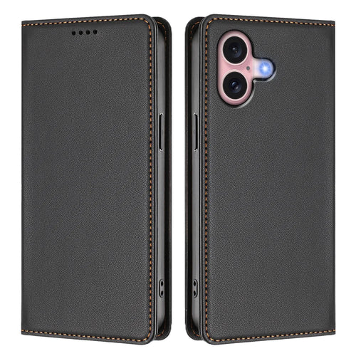 For iPhone 16 Leather Wallet Case Magnetic Closure RFID Blocking Phone Cover - Black - 1