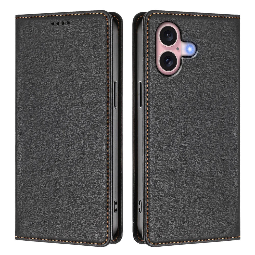 For iPhone 16 Leather Wallet Case Magnetic Closure RFID Blocking Phone Cover - Black - 1