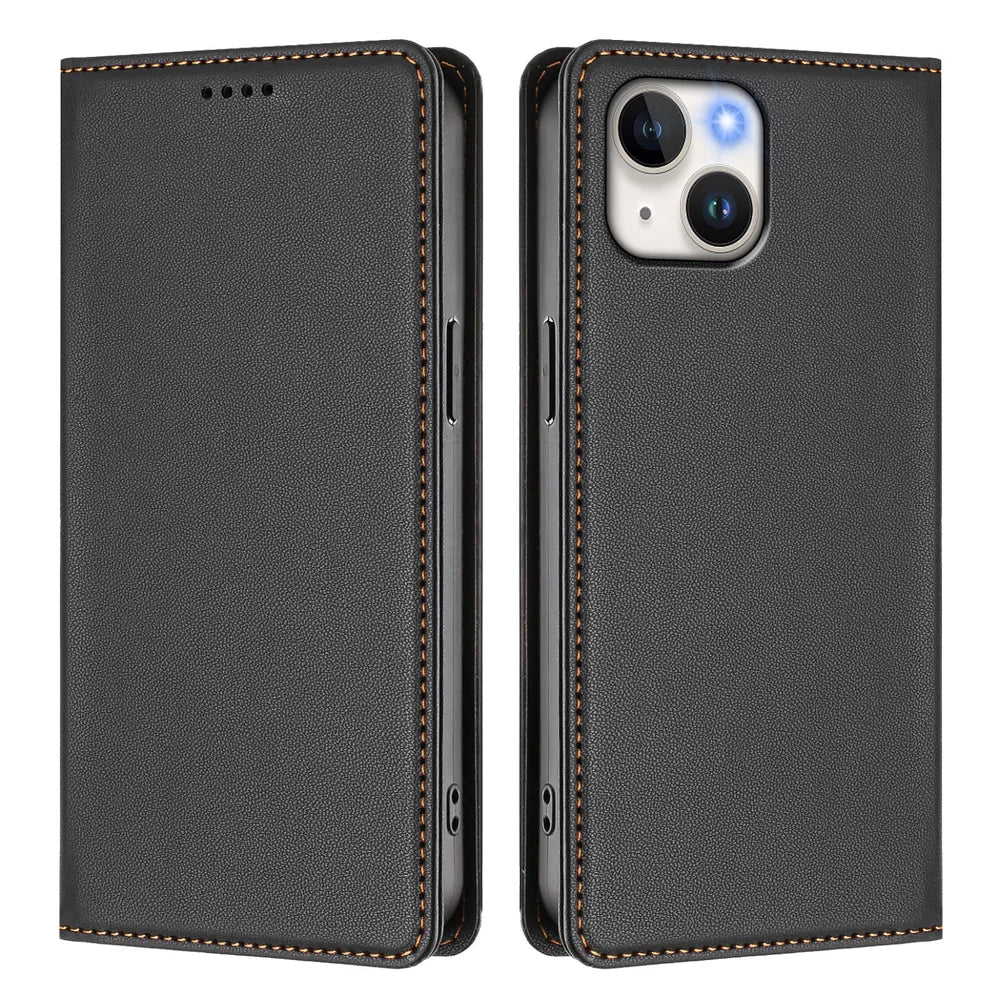 For iPhone 15 Leather Wallet Case Magnetic Closure RFID Blocking Phone Cover - Black - 1