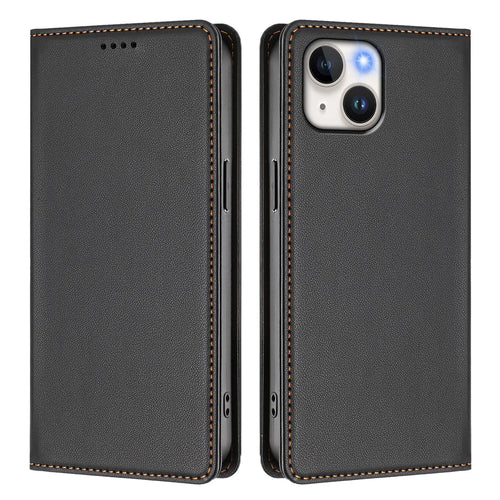 For iPhone 15 Leather Wallet Case Magnetic Closure RFID Blocking Phone Cover - Black - 1
