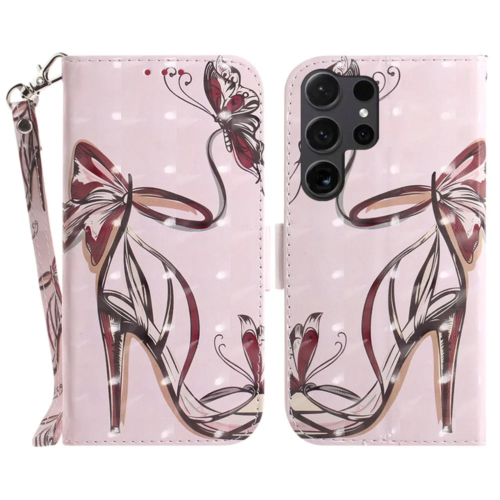 For Samsung Galaxy S26 Ultra Case Pattern Printing Leather Wallet Phone Cover with Wrist Strap - Butterfly High Heels - 1