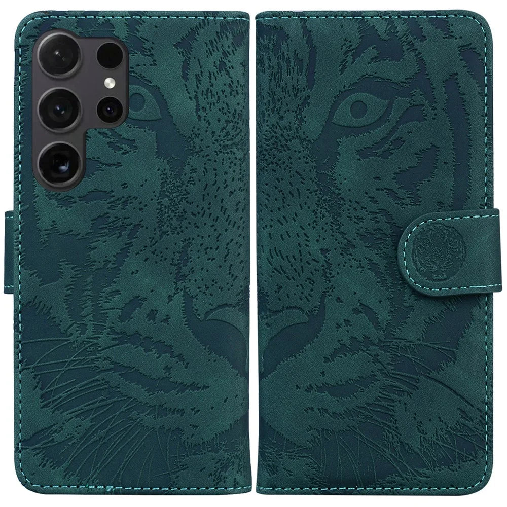 For Samsung Galaxy S26 Ultra Case Tiger Imprint Leather Wallet Phone Cover - Green - 1