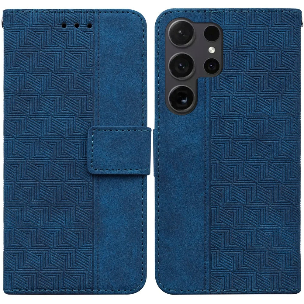 For Samsung Galaxy S26 Ultra Case Geometry Pattern Leather Wallet Phone Cover with Wrist Strap - Blue - 1