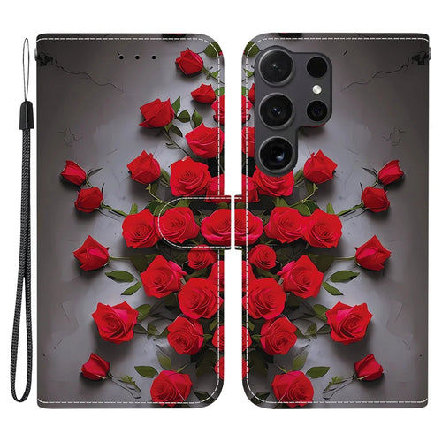 For Samsung Galaxy S26 Ultra Leather Case Stand Wallet Pattern Printing Phone Cover with Wrist Strap - Red Rose - 1