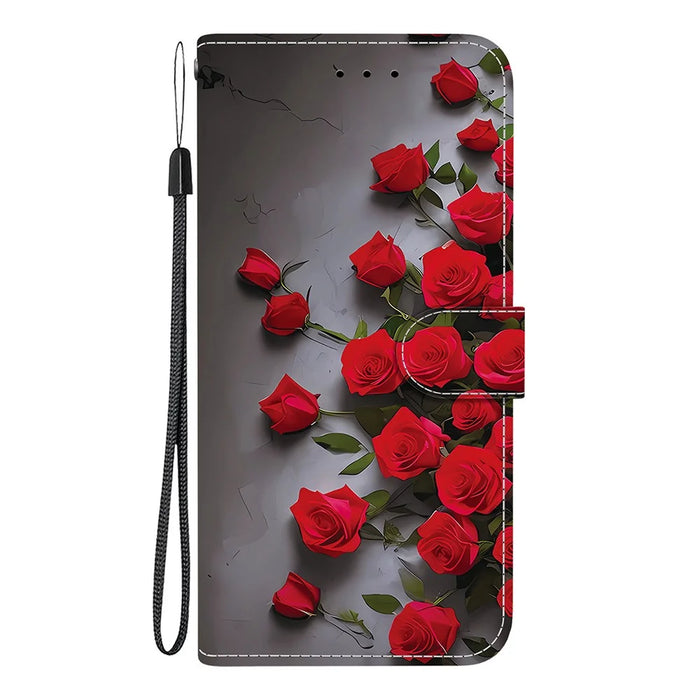 For Samsung Galaxy S26 Ultra Leather Case Stand Wallet Pattern Printing Phone Cover with Wrist Strap - Red Rose - 7