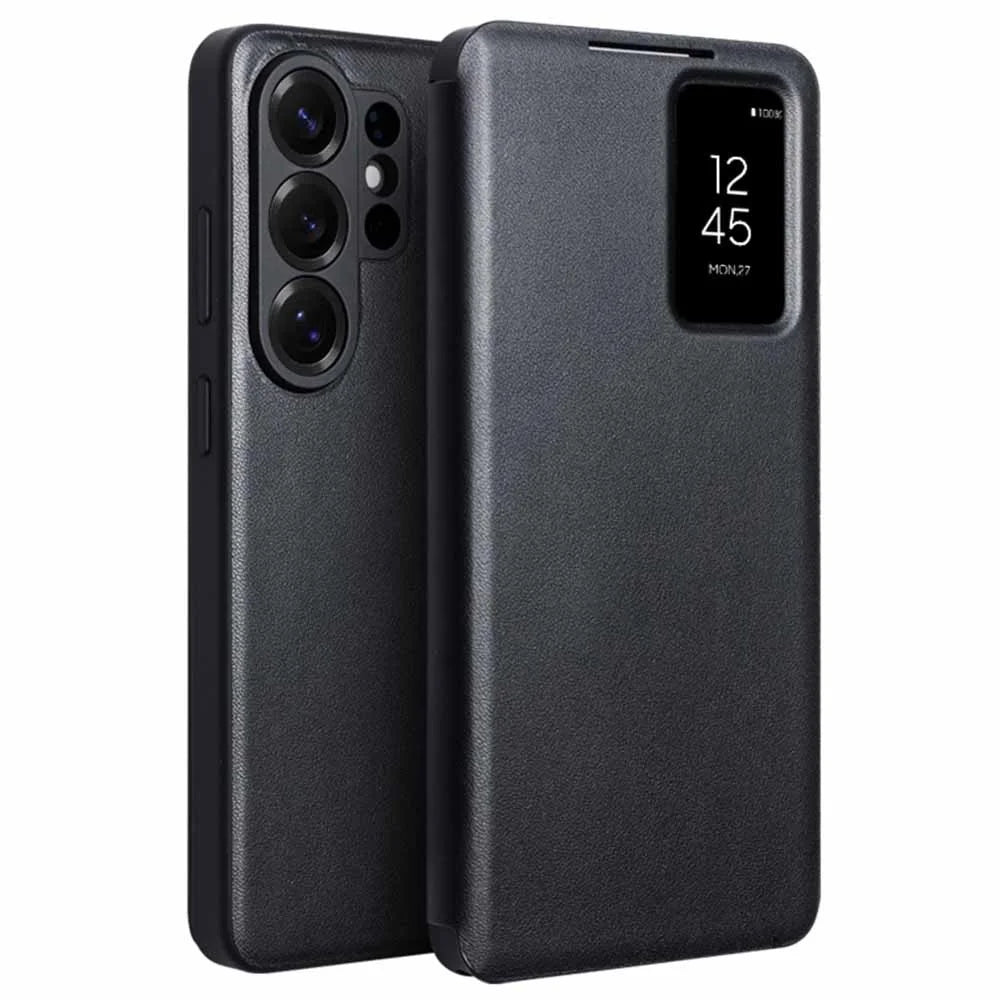 QIALINO For Samsung Galaxy S26 Ultra Case View Window Genuine Cow Leather Flip Phone Cover (APP Version) - Black - 1