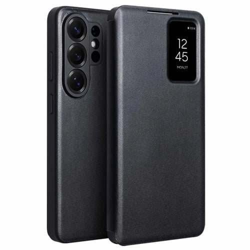 QIALINO For Samsung Galaxy S26 Ultra Case View Window Genuine Cow Leather Flip Phone Cover (APP Version) - Black - 1